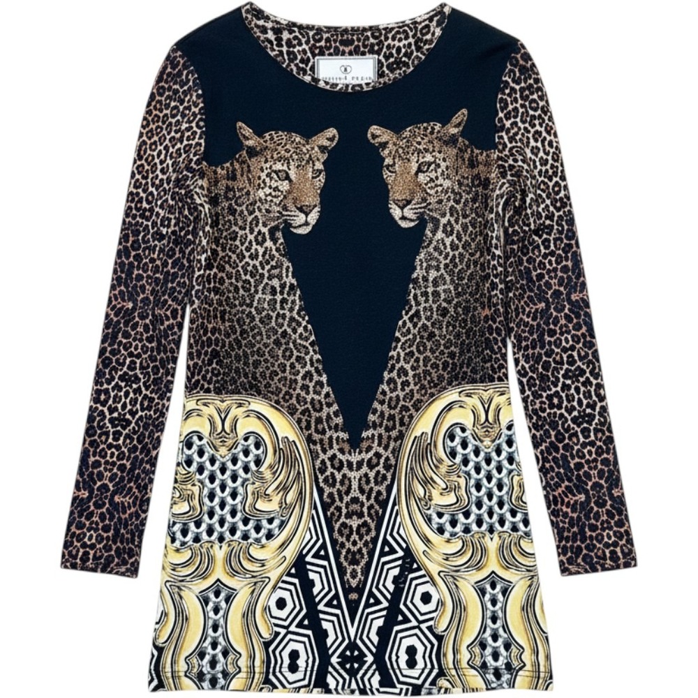 Philipp Plein Junior Leopard Baroque Rhinestone Long Sleeve Tunic Size 8-10